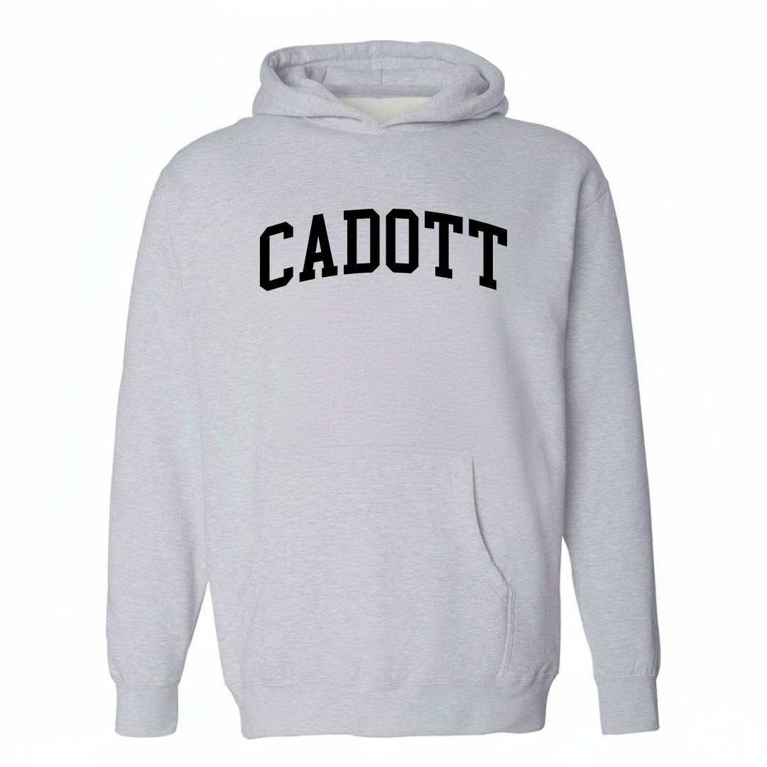 Heather-gray hoodie with the Cadott varsity arched lettering design on the chest.