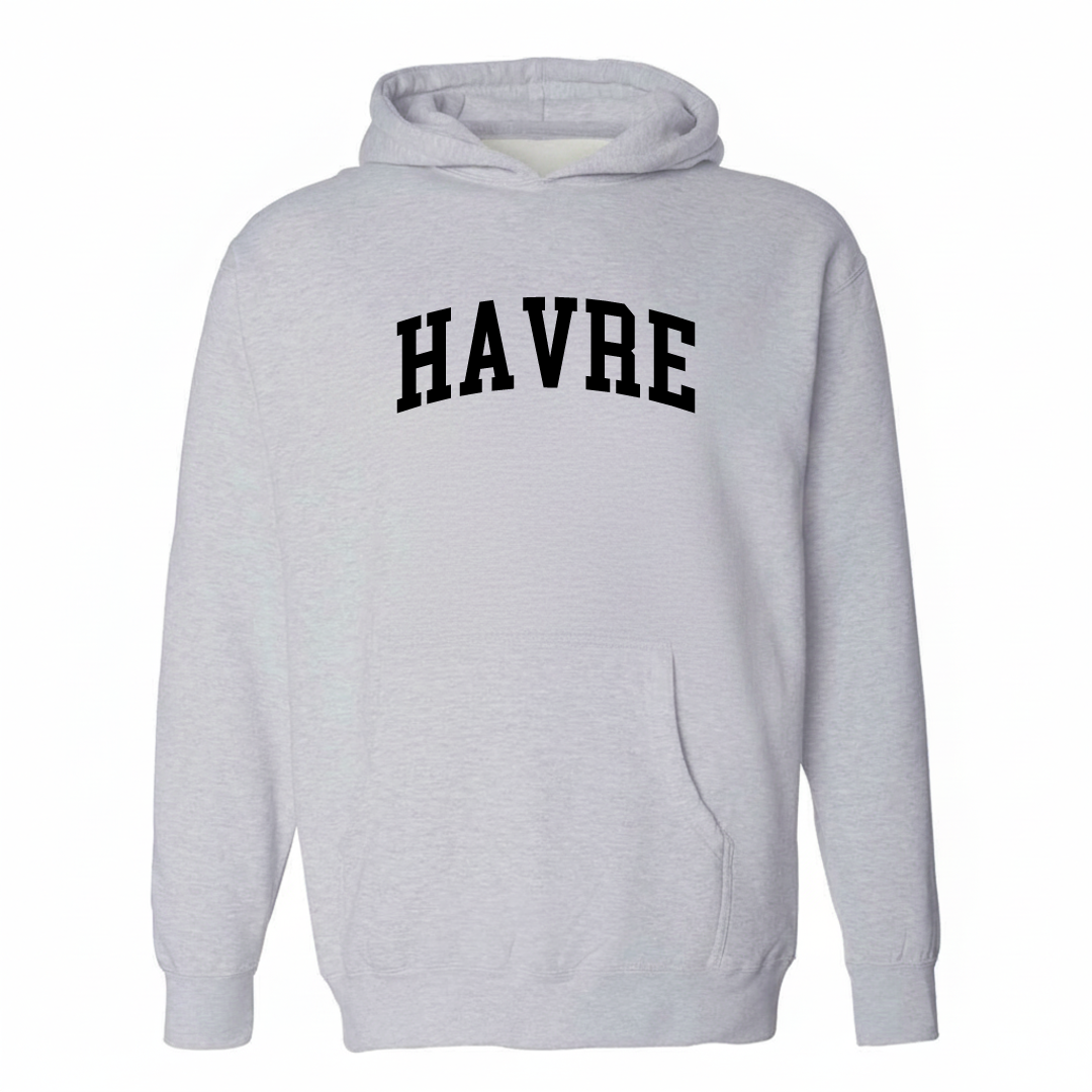 Heather-gray hoodie with the Havre varsity arched lettering design on the chest.
