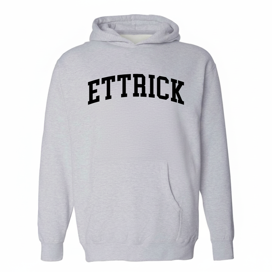 Heather-gray hoodie with the Ettrick arched lettering design on the chest.