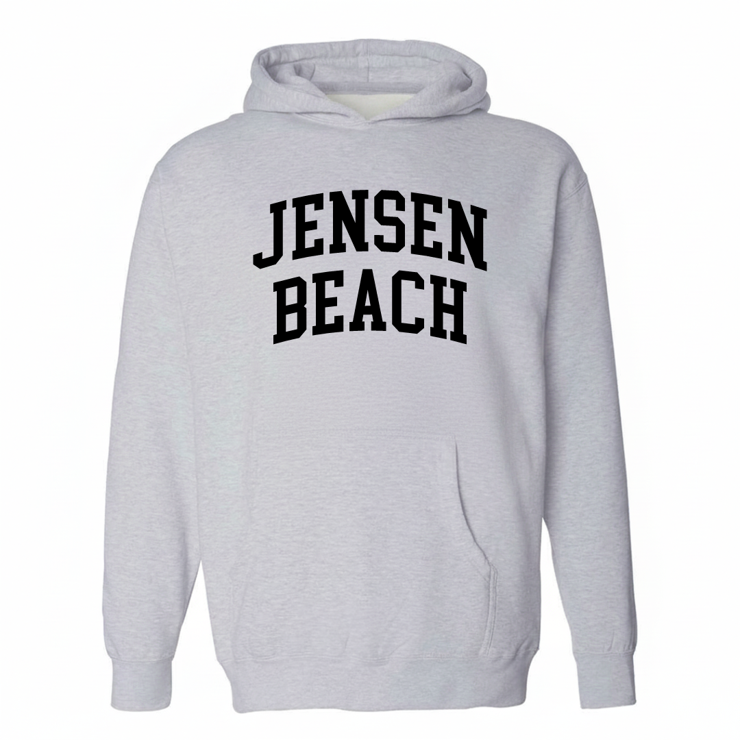 Heather-gray hoodie with the Jensen Beach varsity arched lettering design on the chest.