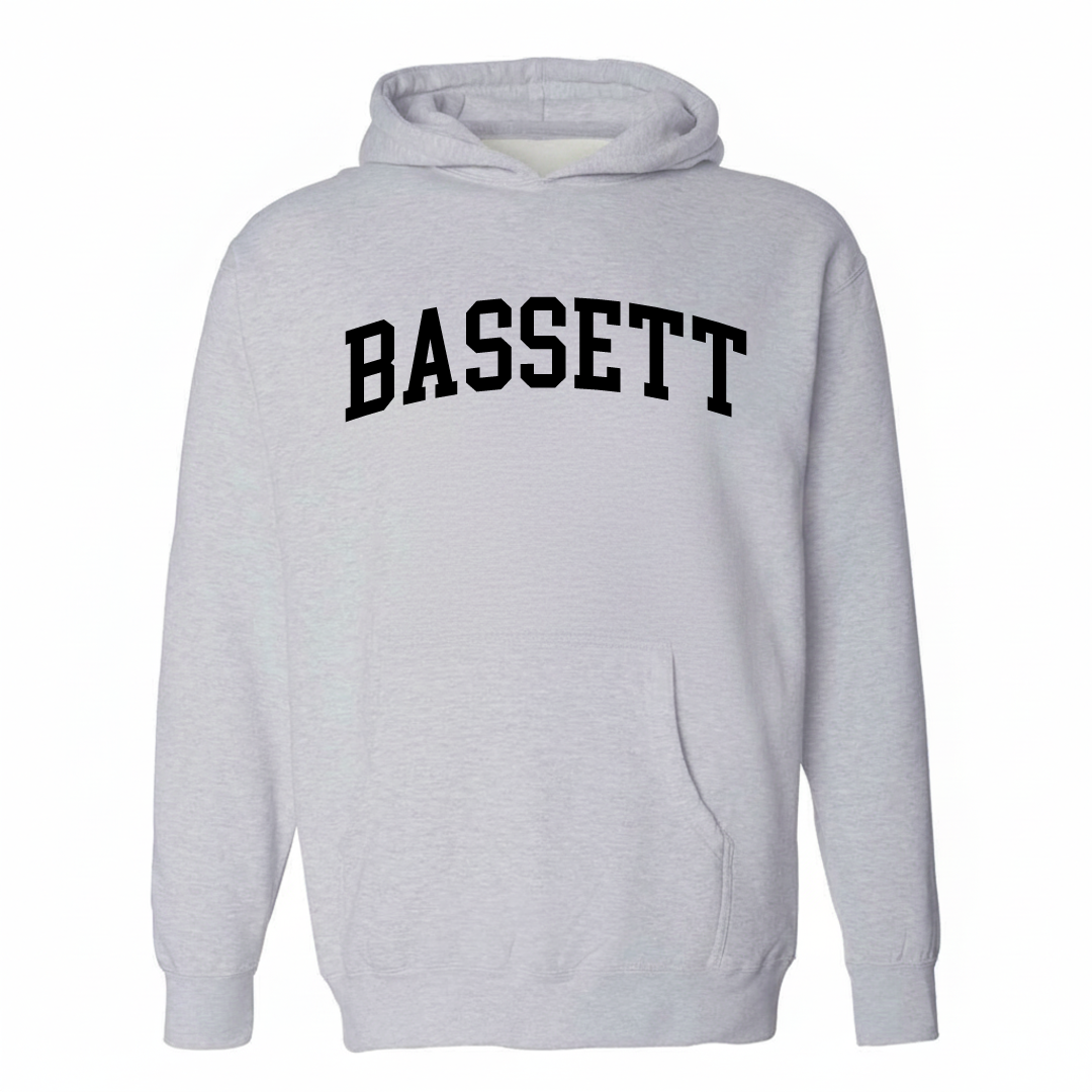 Heather-gray hoodie with the Bassett varsity arched lettering design on the chest.