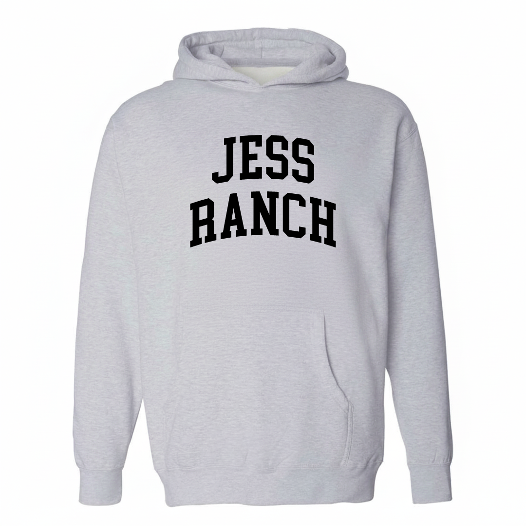 Heather-gray hoodie with the Jess Ranch varsity arched lettering design on the chest.