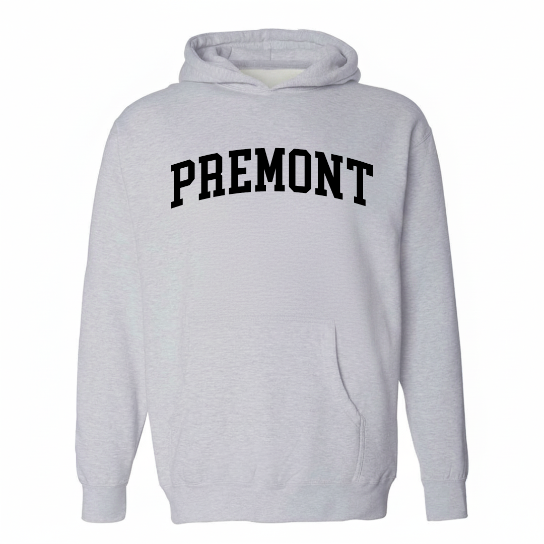 Heather-gray hoodie with the Premont arched lettering varsity-collegiate design on the chest.