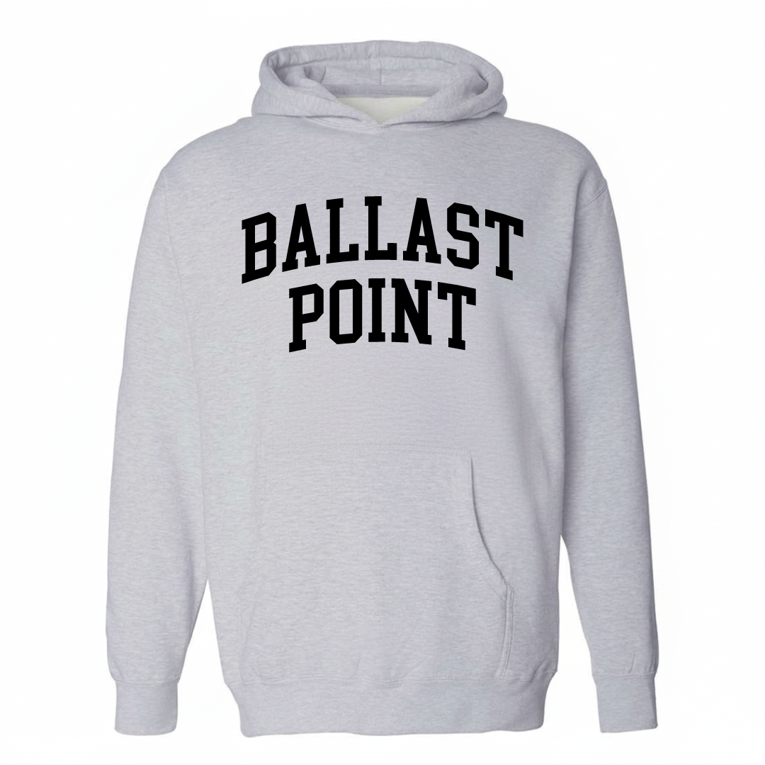 Heather-gray hoodie with the Ballast Point varsity arched lettering design on the chest.