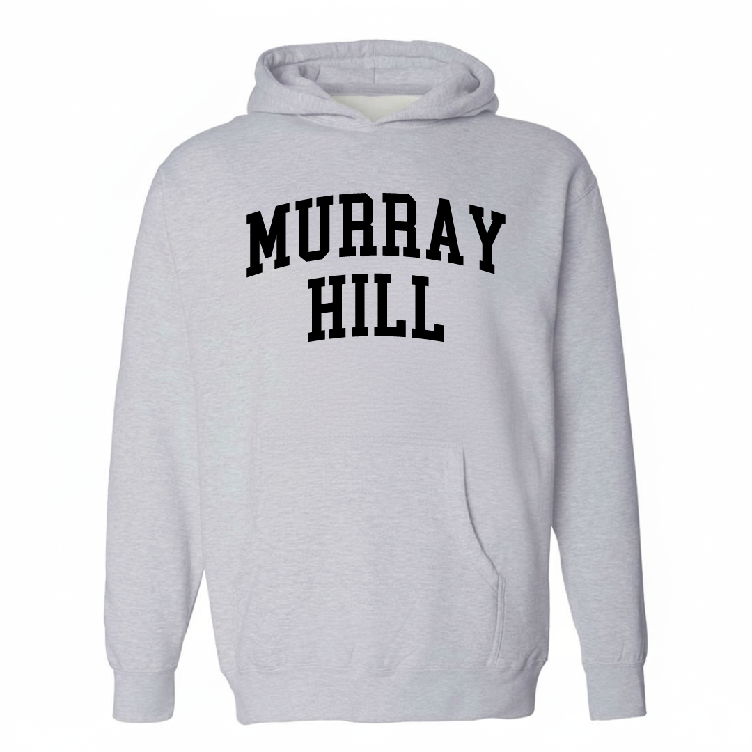 Heather-gray hoodie with the Murray Hill varsity arched lettering design on the chest.