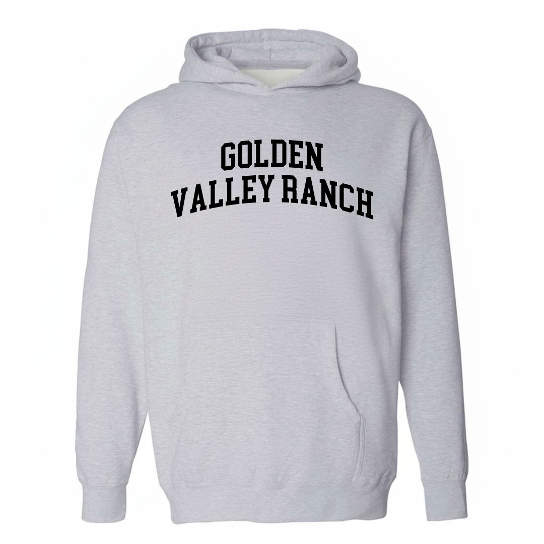 Heather-gray hoodie with the Golden Valley Ranch arched lettering design on the chest.