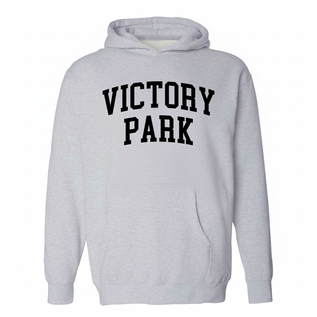 Heather-gray hoodie with the Victory Park varsity arched lettering design on the chest.