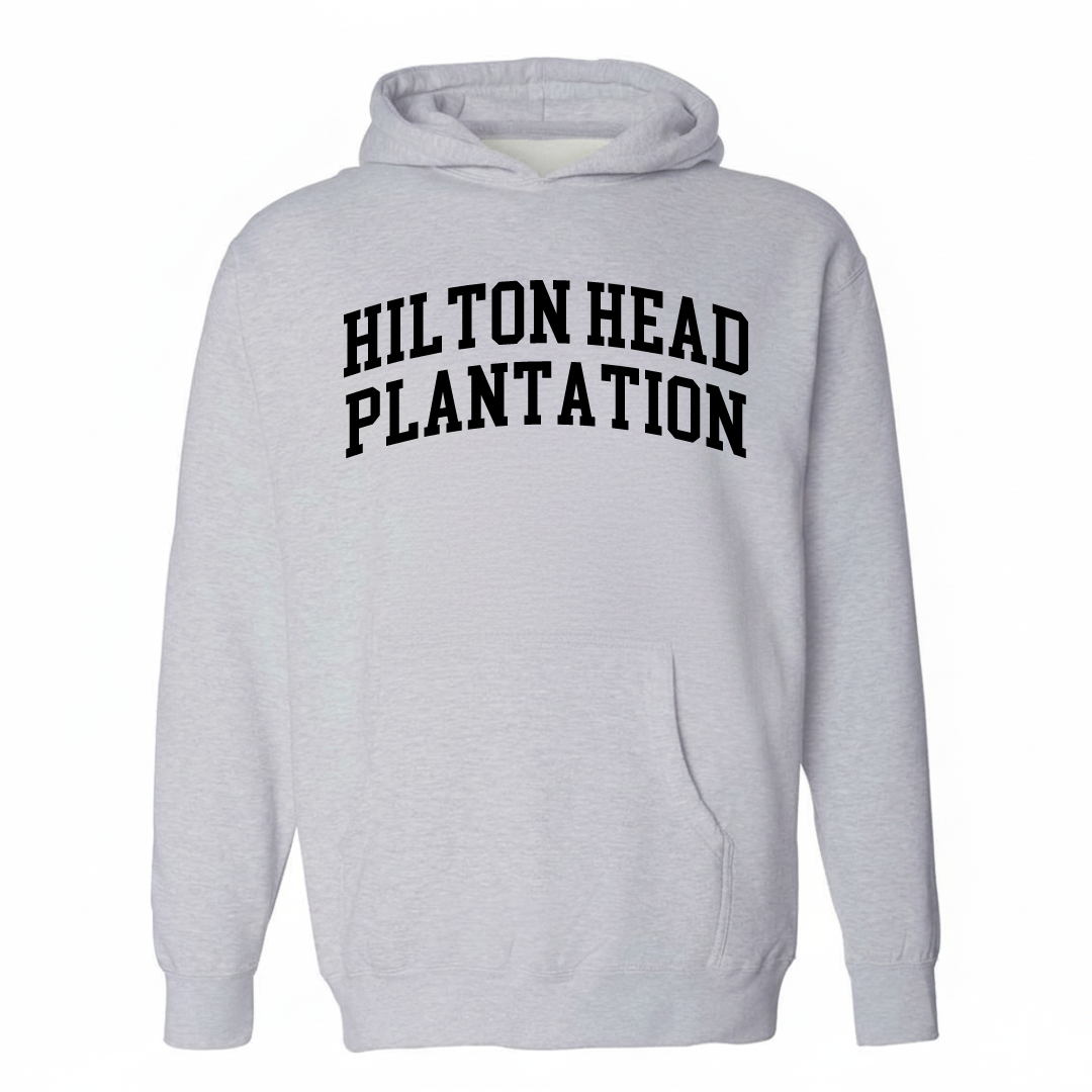 Heather-gray hoodie with the Hilton Head Plantation varsity arched lettering design on the chest.