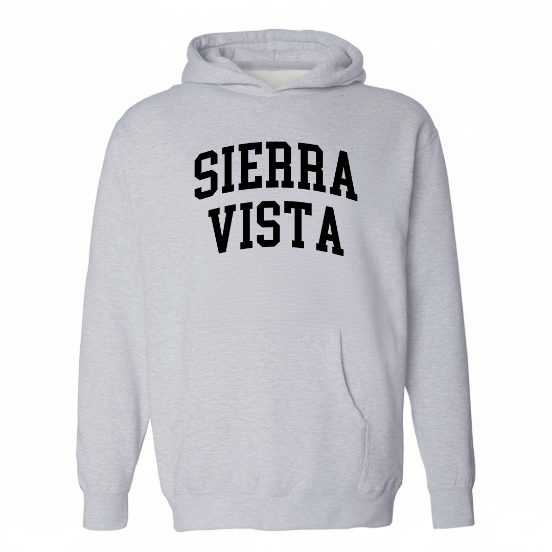Heather-gray hoodie with the Sierra Vista arched varsity lettering design on the chest.