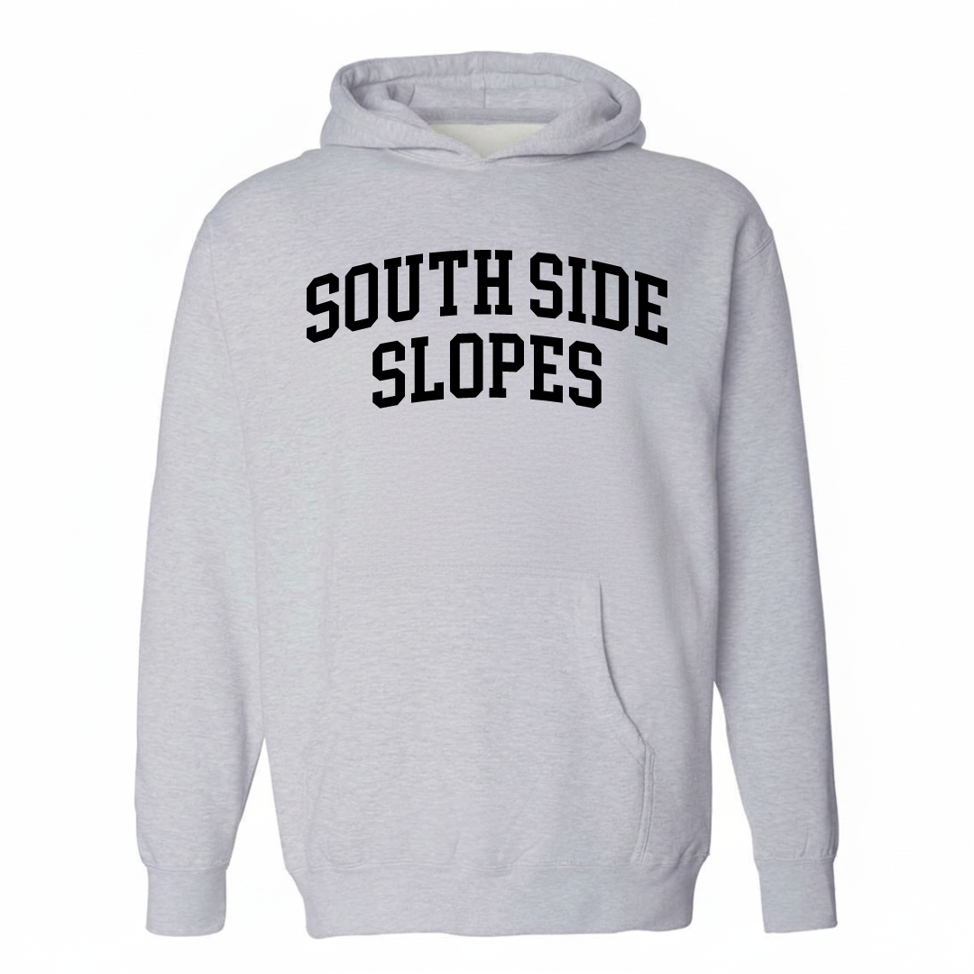 Heather-gray hoodie with the South Side Slopes varsity arched lettering design on the chest.