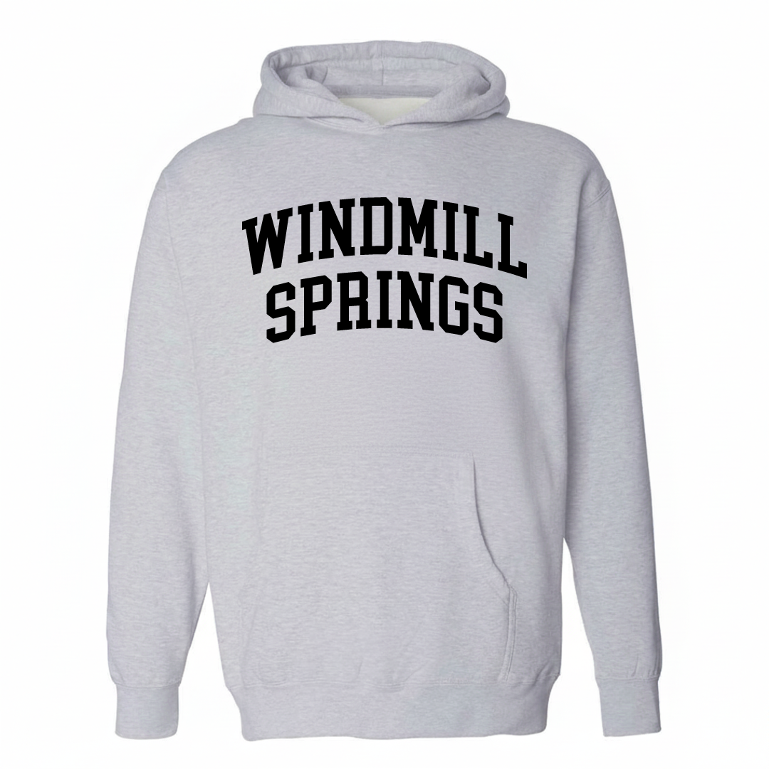 Heather-gray hoodie with the Windmill Springs arched varsity lettering design on the chest.