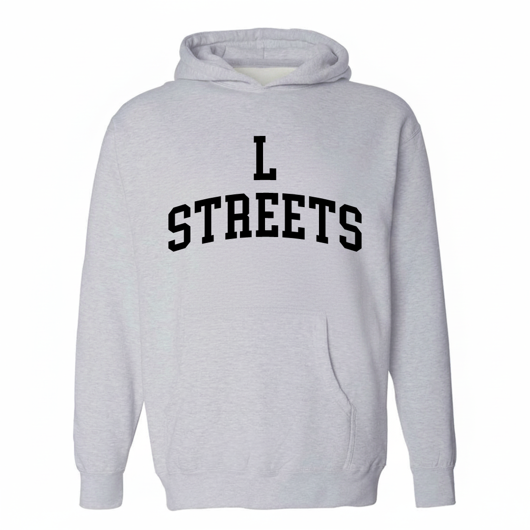 Heather-gray hoodie with the L Streets varsity arched lettering design on the chest.
