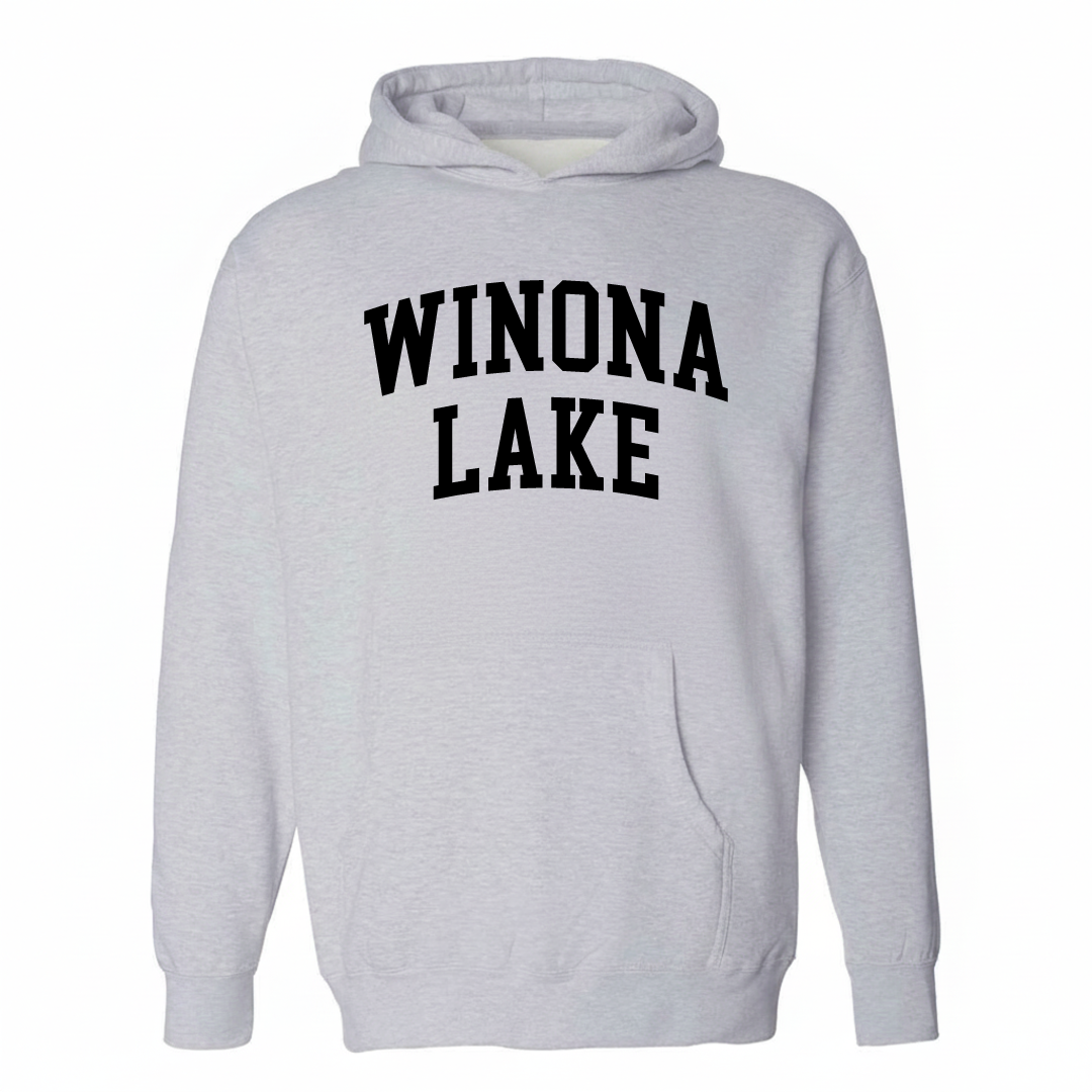 Heather-gray hoodie with the Winona Lake varsity arched lettering design on the chest.
