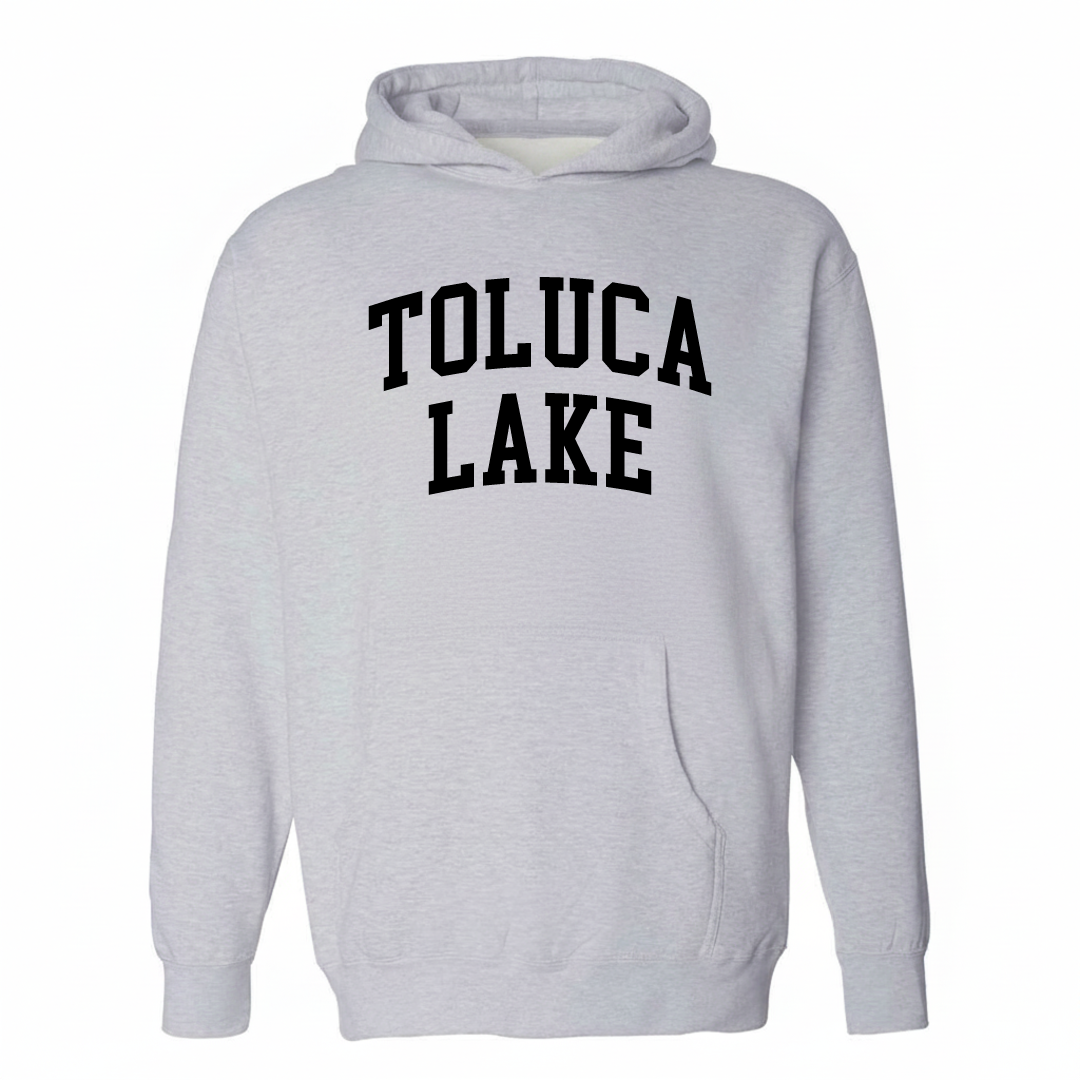 Heather-gray hoodie with the Toluca Lake varsity arched lettering design on the chest.