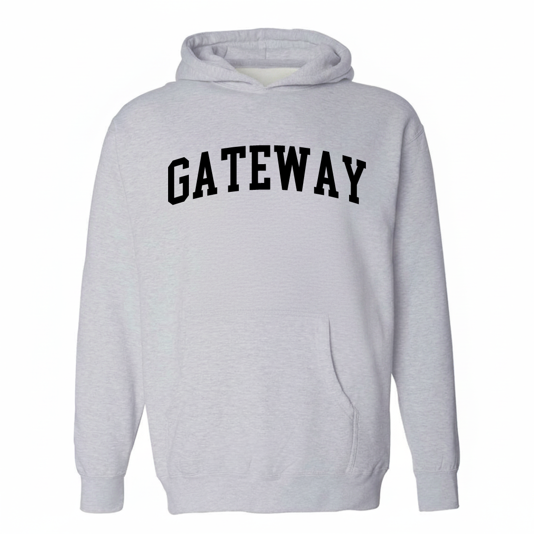 Heather-gray hoodie with the Gateway Charlotte varsity arched lettering design on the chest.