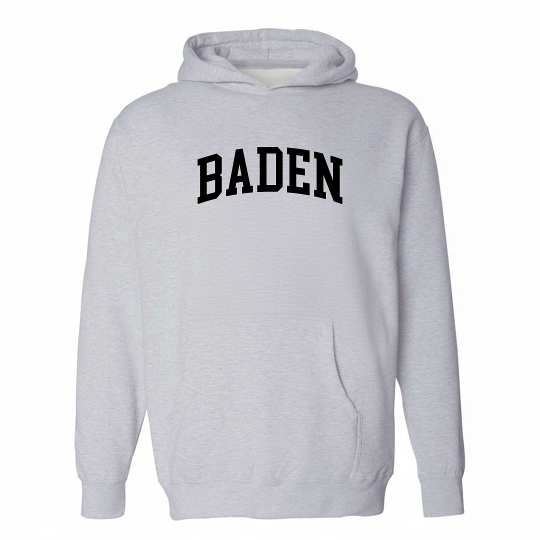 Heather-gray hoodie with the Baden varsity arched lettering design on the chest.