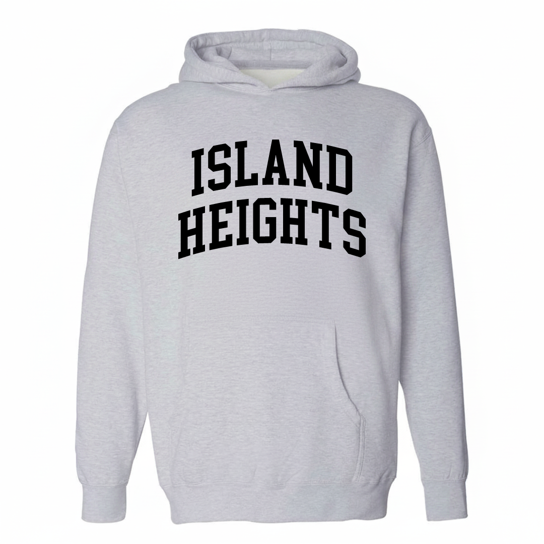 Heather-gray hoodie with the Island Heights varsity arched lettering design on the chest.