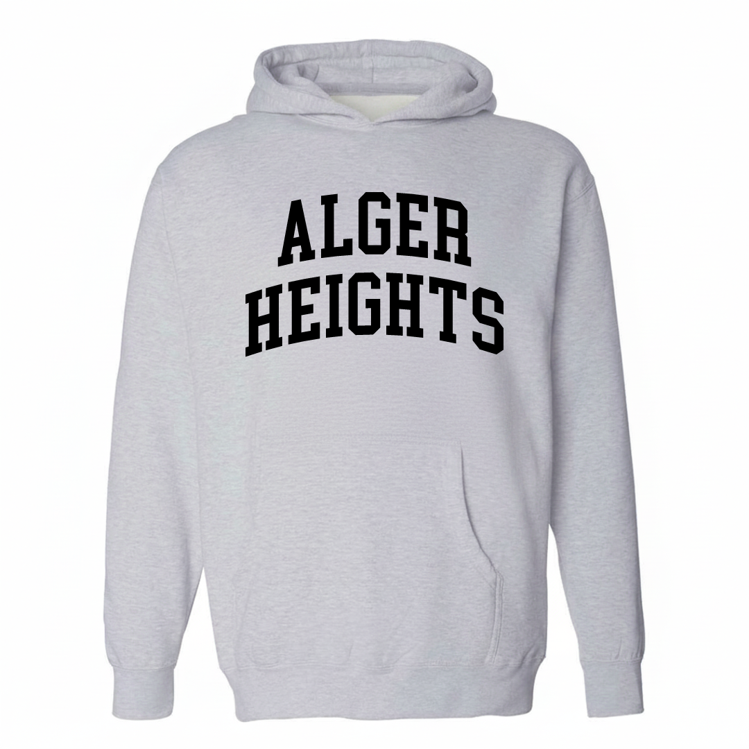 Heather-gray hoodie with the Alger Heights varsity arched lettering design on the chest.