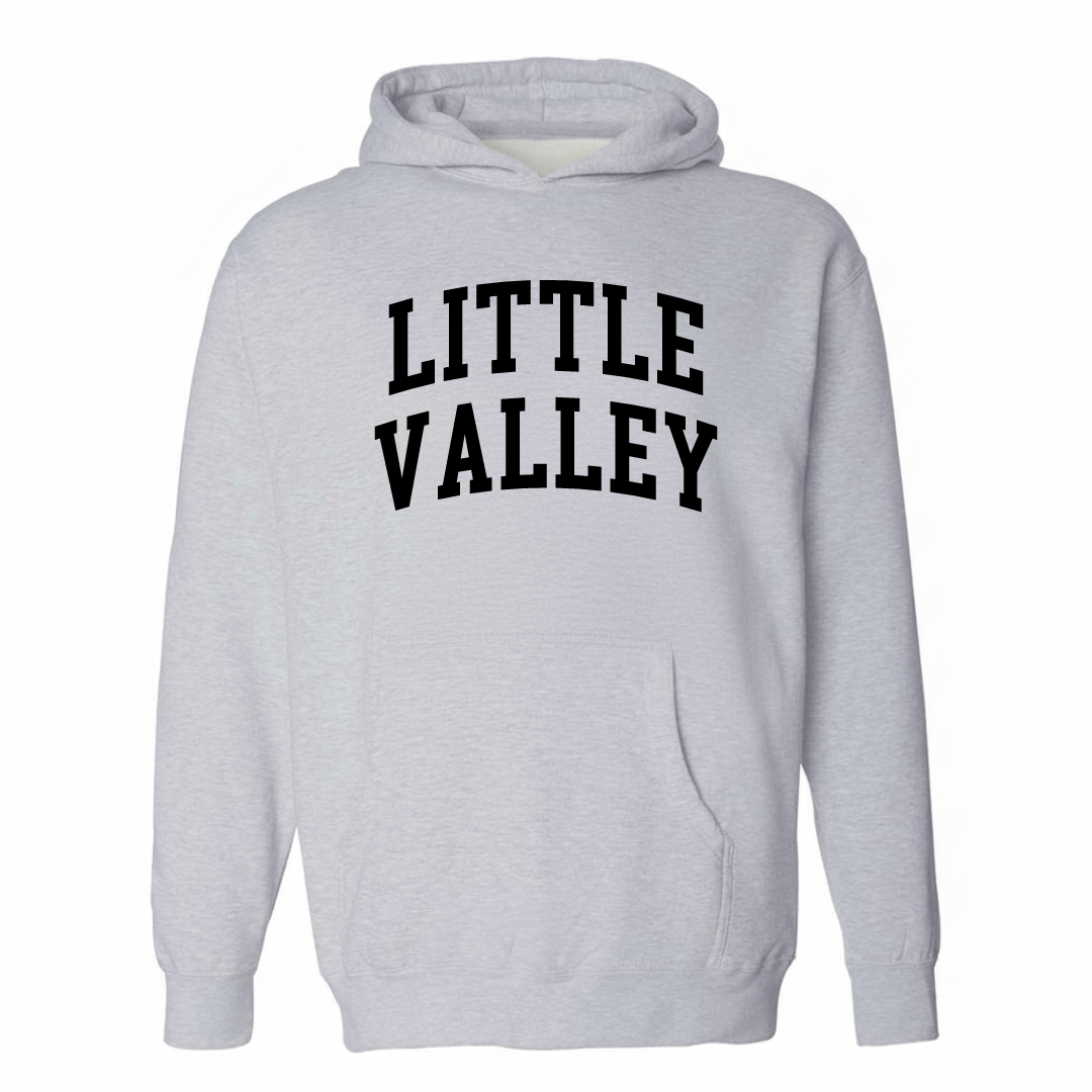 Heather-gray hoodie with the Little Valley varsity arched lettering design on the chest.