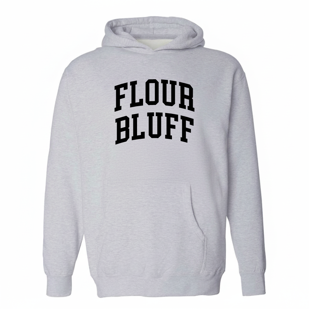 Heather-gray hoodie with the Flour Bluff varsity arched lettering design on the chest.