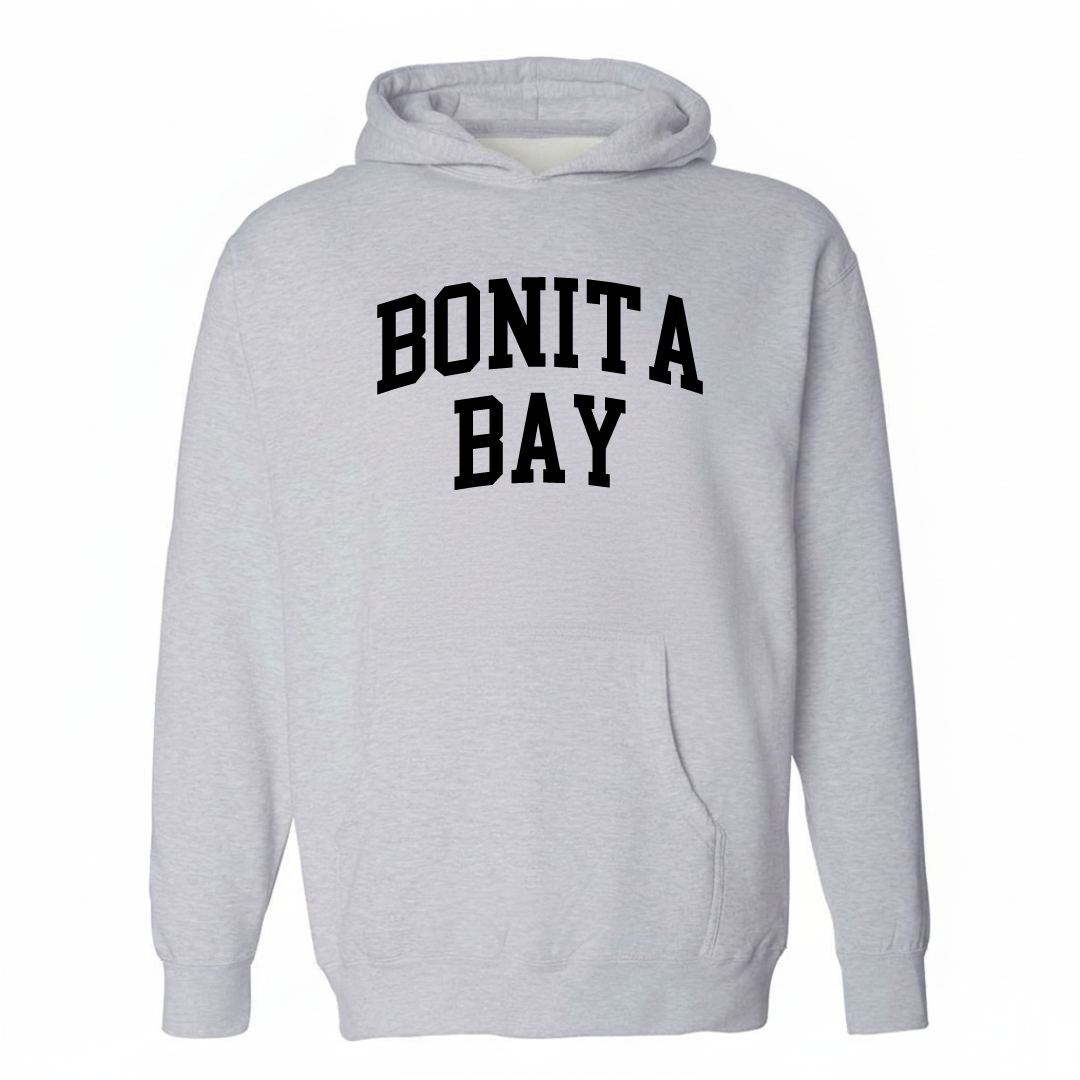 Heather-gray hoodie with the Bonita Bay arched lettering design on the chest.