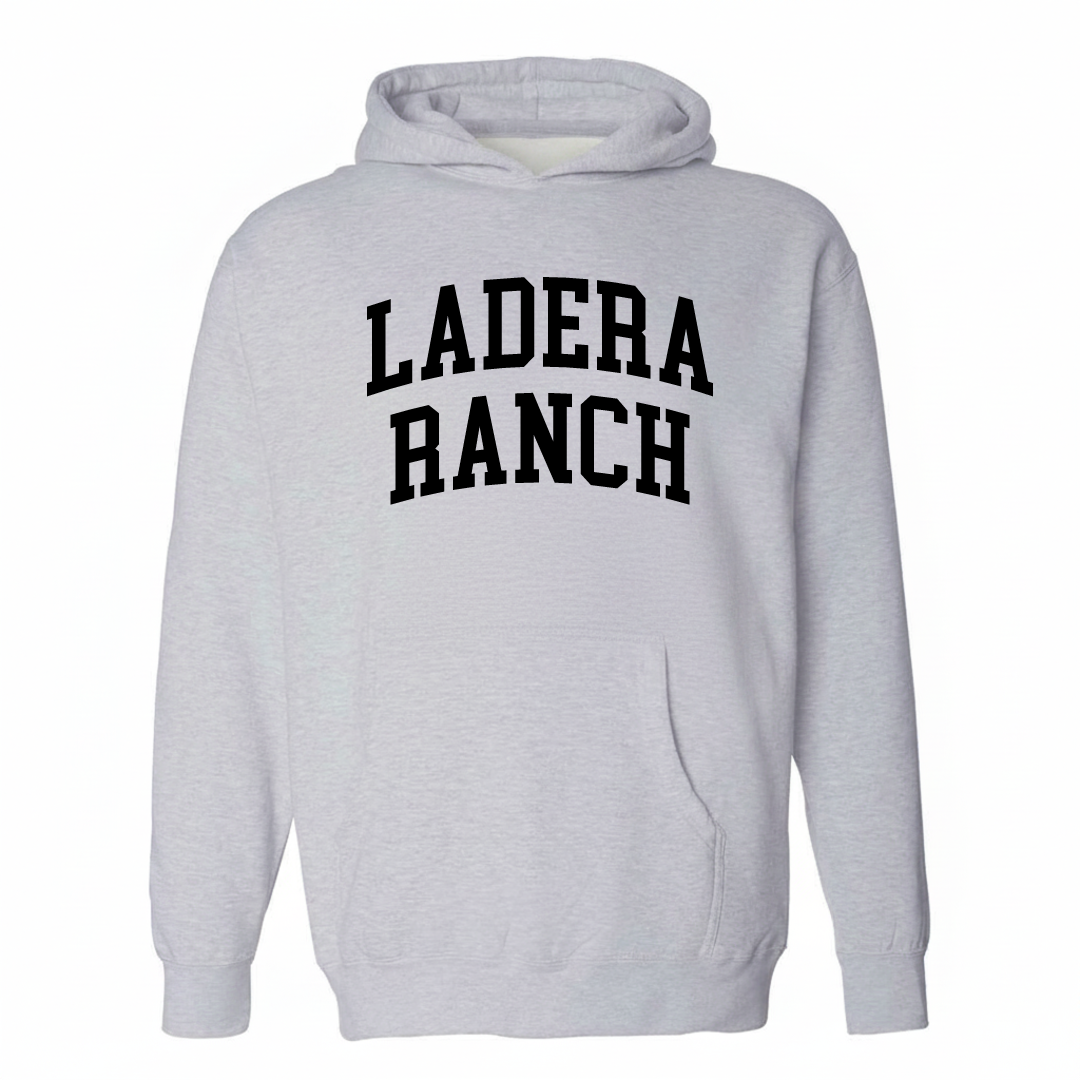 Heather-gray hoodie with the Ladera Ranch arched varsity lettering design on the chest.