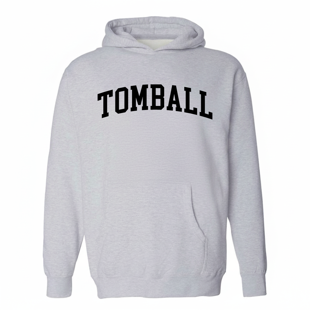Heather-gray hoodie with the Tomball varsity arched lettering design on the chest.