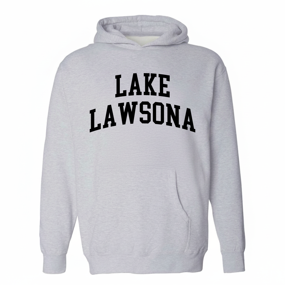 Heather-gray hoodie with the Lake Lawsona arched lettering design on the chest.