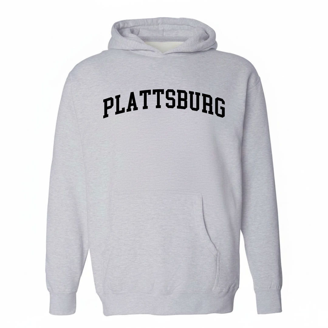 Heather-gray hoodie with the Plattsburg varsity arched lettering design on the chest.