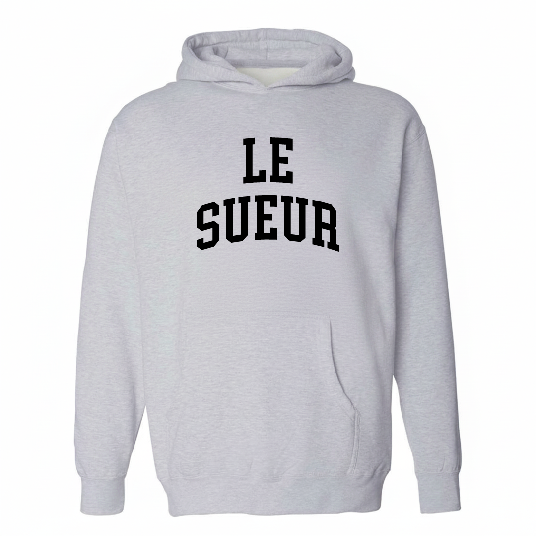 Heather-gray hoodie with the Le Sueur varsity arched lettering design on the chest.