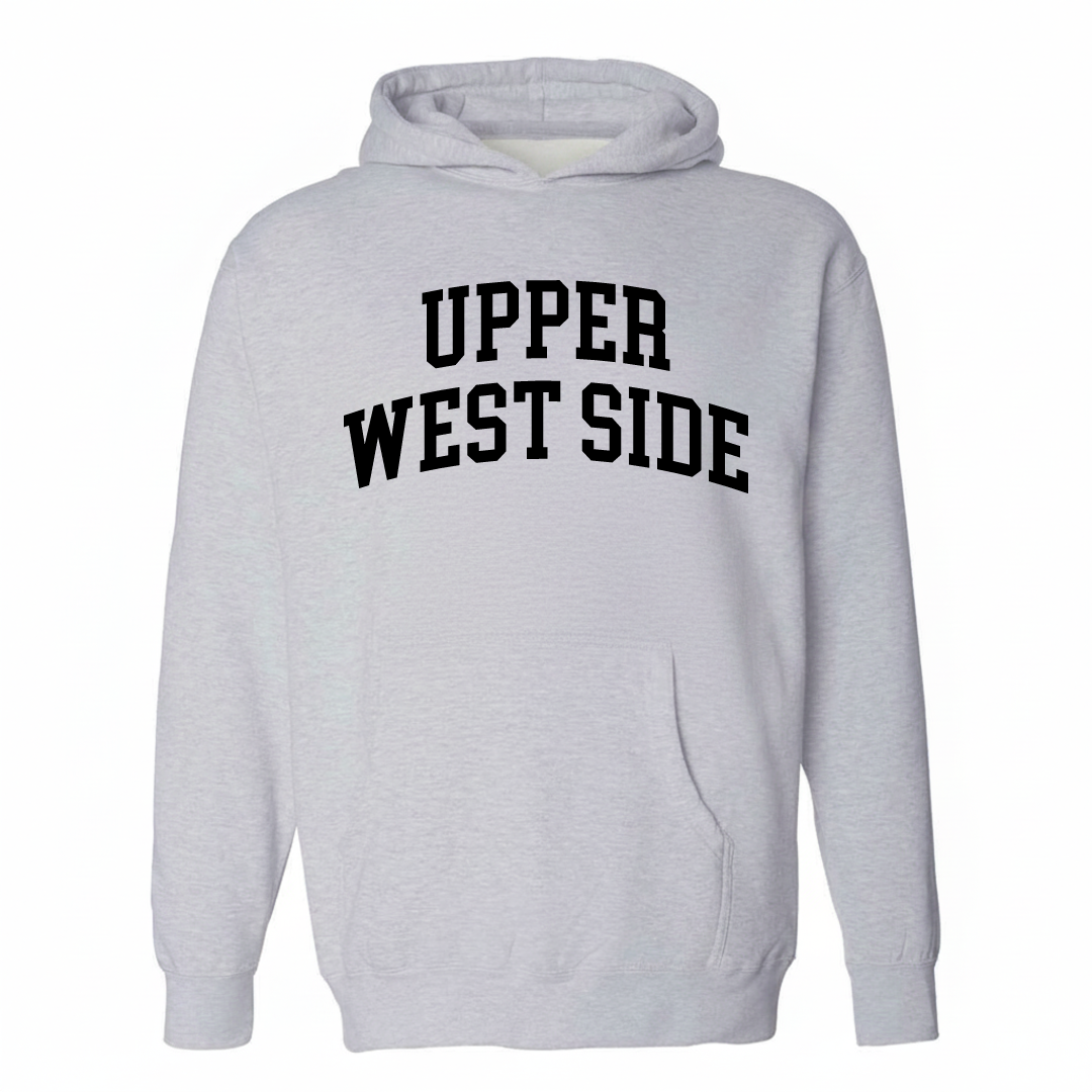 Heather-gray hoodie with the Upper West Side varsity arched lettering design on the chest.