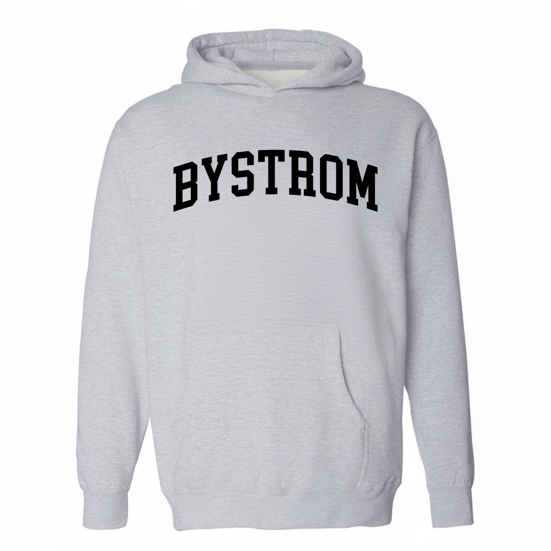 Heather-gray hoodie with the Bystrom varsity arched lettering design on the chest.