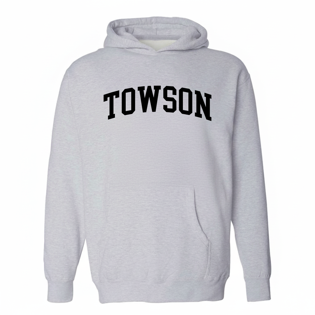 Heather-gray hoodie with the Towson arched varsity lettering design on the chest.