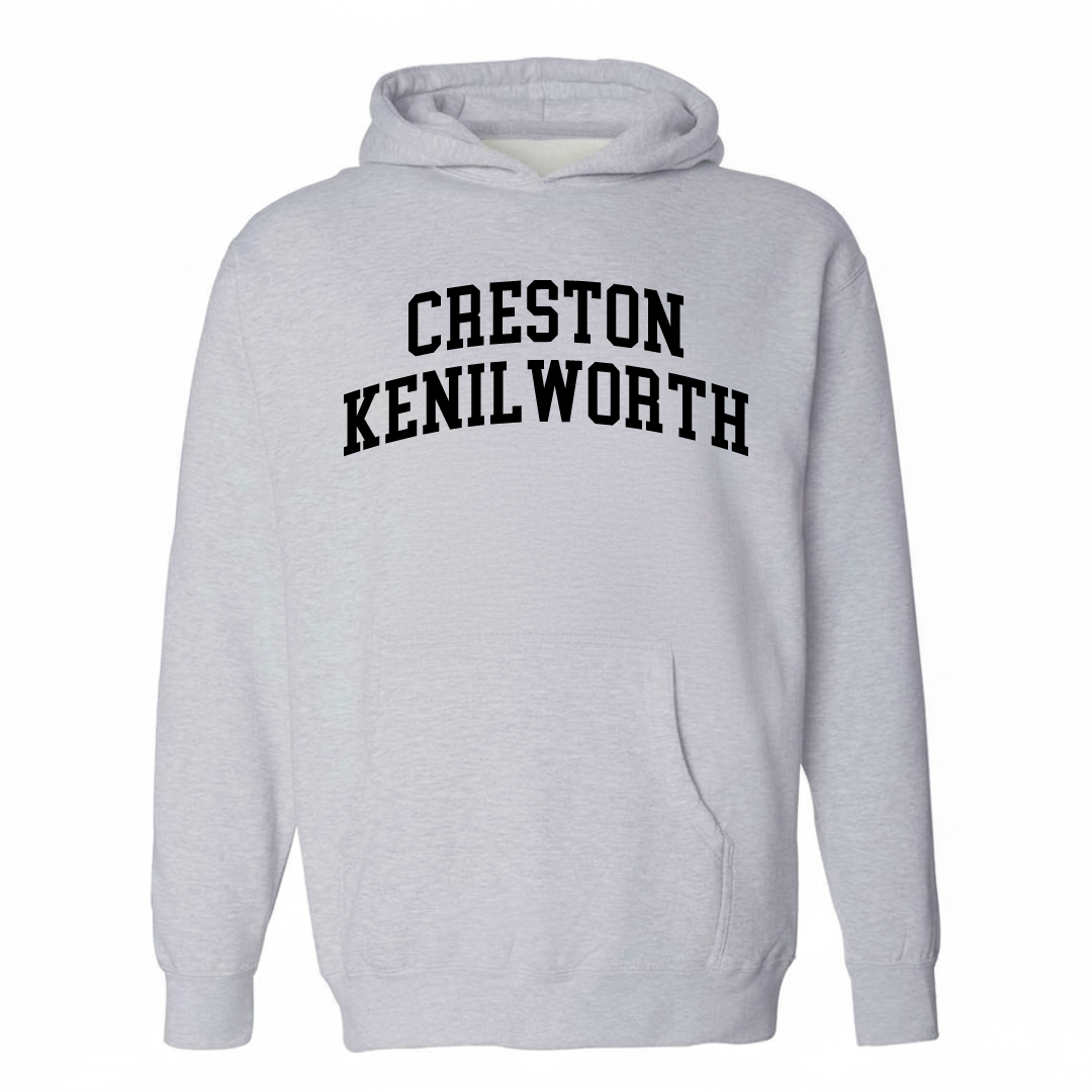 Heather-gray hoodie with the Creston-Kenilworth varsity arched lettering design on the chest.