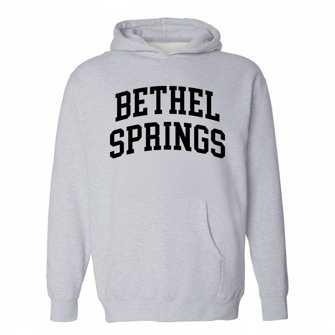 Heather-gray hoodie with the Bethel Springs varsity arched lettering design on the chest.