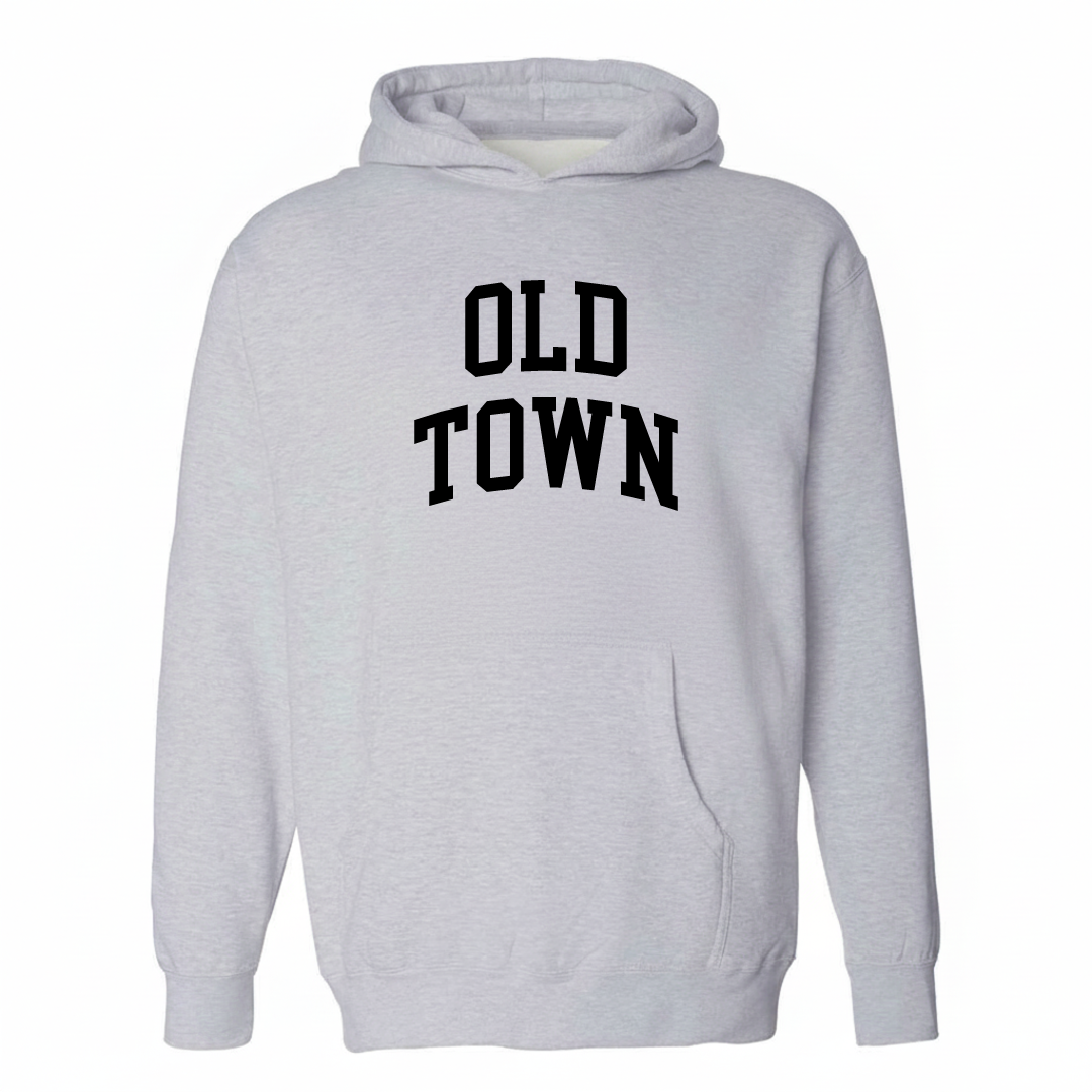 Heather-gray hoodie with the Old Town arched varsity lettering design on the chest.