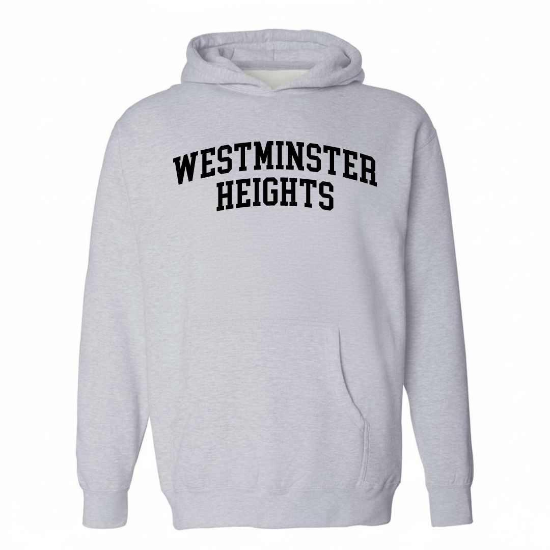 Heather-gray hoodie with the Westminster Heights varsity arched lettering design on the chest.