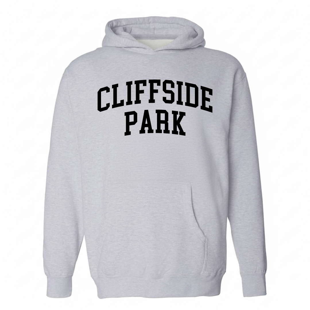 Heather-gray hoodie with the Cliffside Park varsity arched lettering design on the chest.