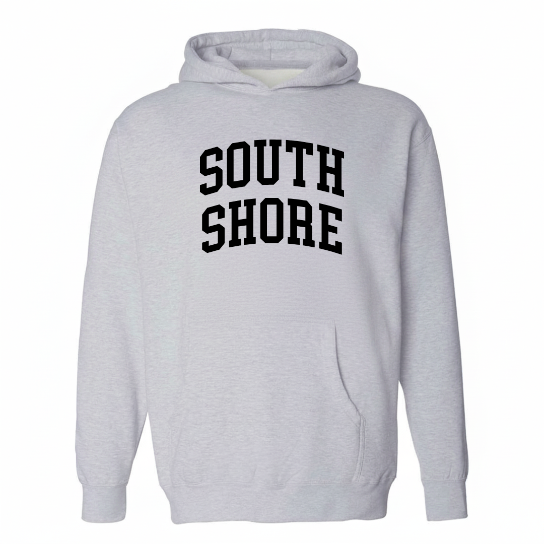 Heather-gray hoodie with the South Shore varsity arched lettering design on the chest.
