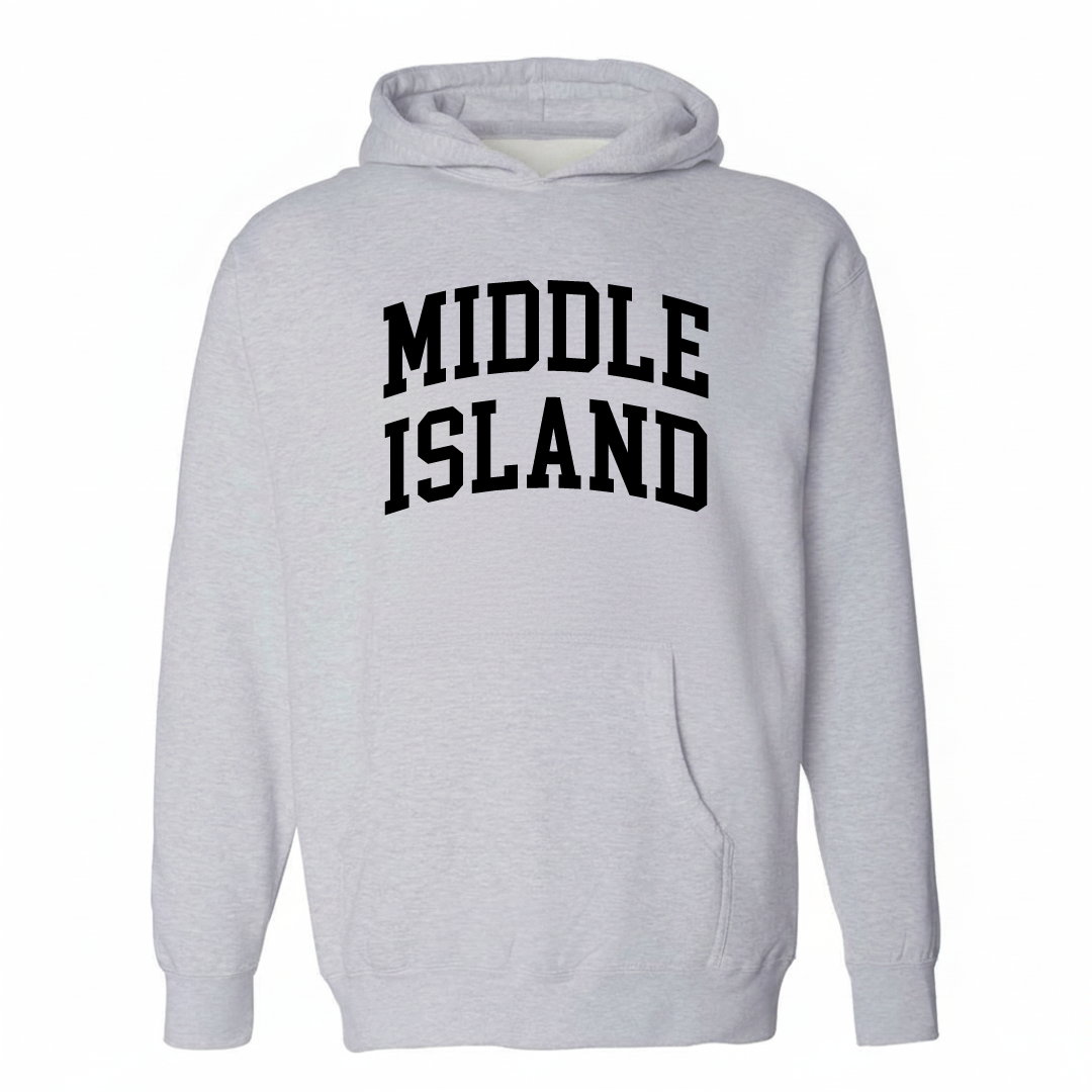Heather-gray hoodie with the Middle Island varsity arched lettering design on the chest.