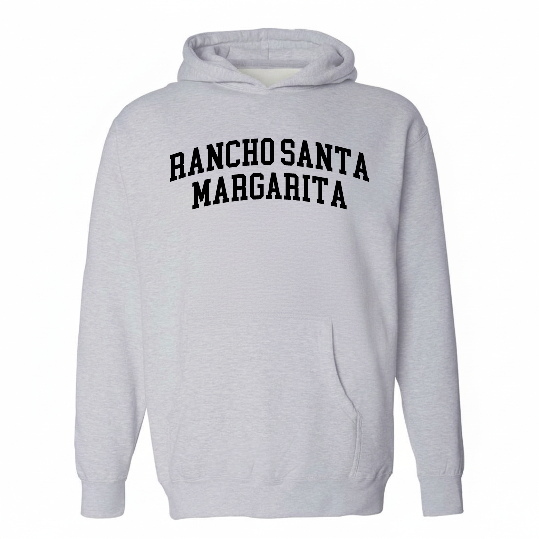 Heather-gray hoodie with the Rancho Santa Margarita varsity arched lettering design on the chest.