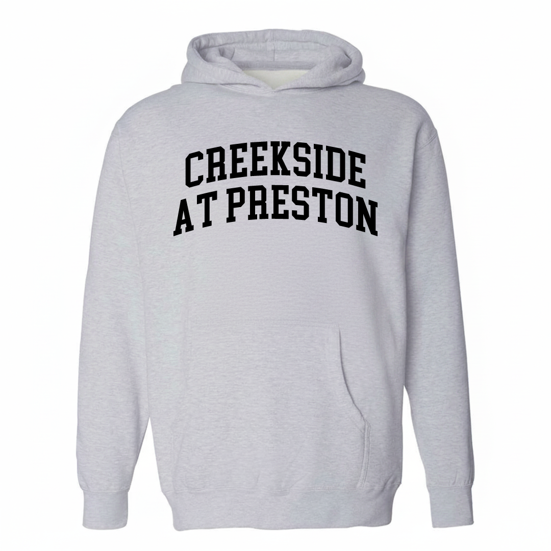 Heather-gray hoodie with the Creekside at Preston varsity arched lettering design on the chest.