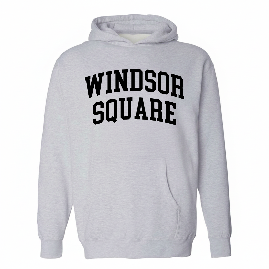 Heather-gray hoodie with the Windsor Square varsity arched lettering design on the chest.