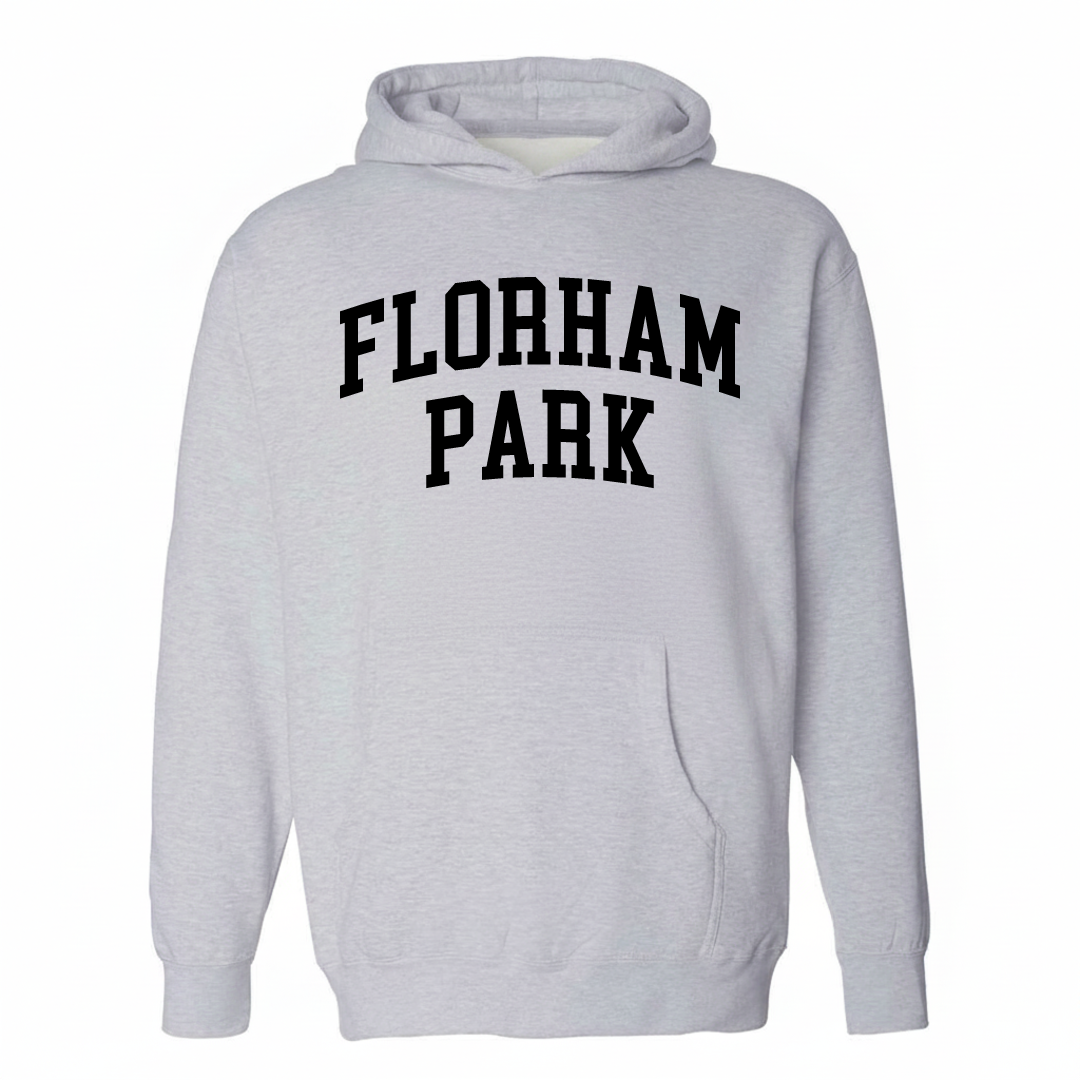 Heather-gray hoodie with the Florham Park varsity arched lettering design on the chest.