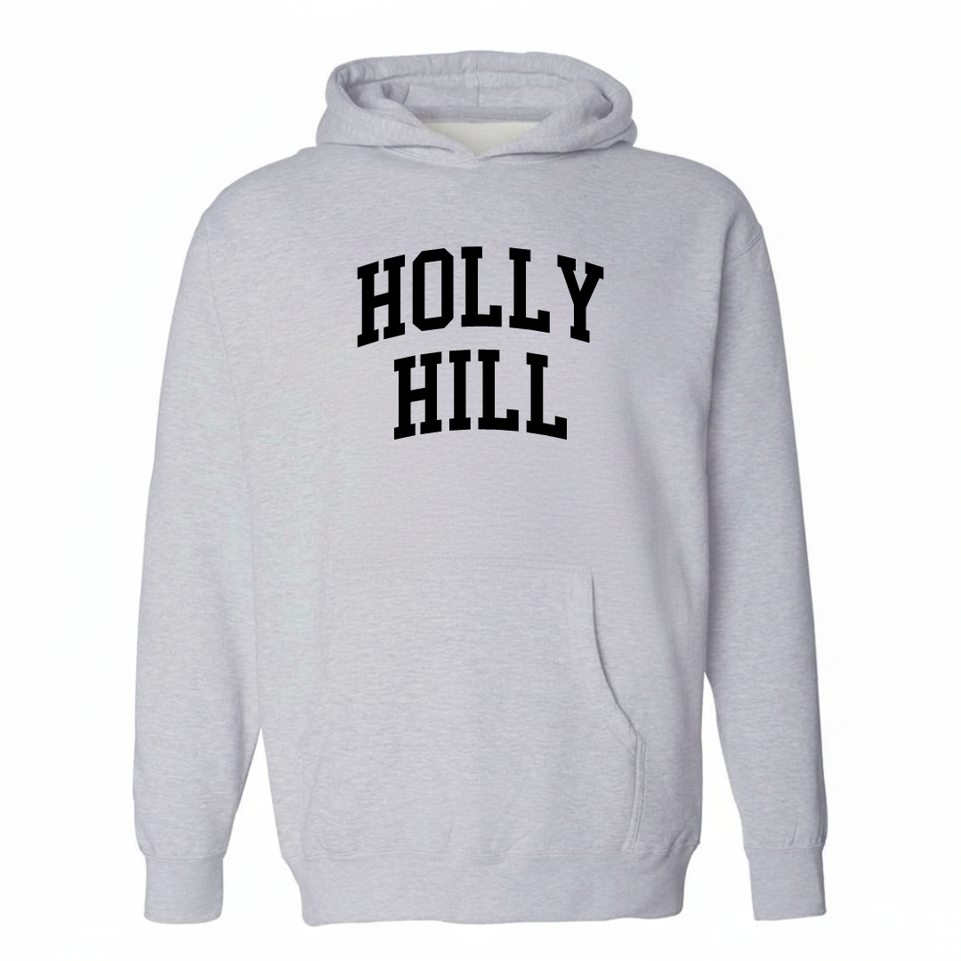 Heather-gray hoodie with the Holly Hill arched varsity lettering design on the chest.