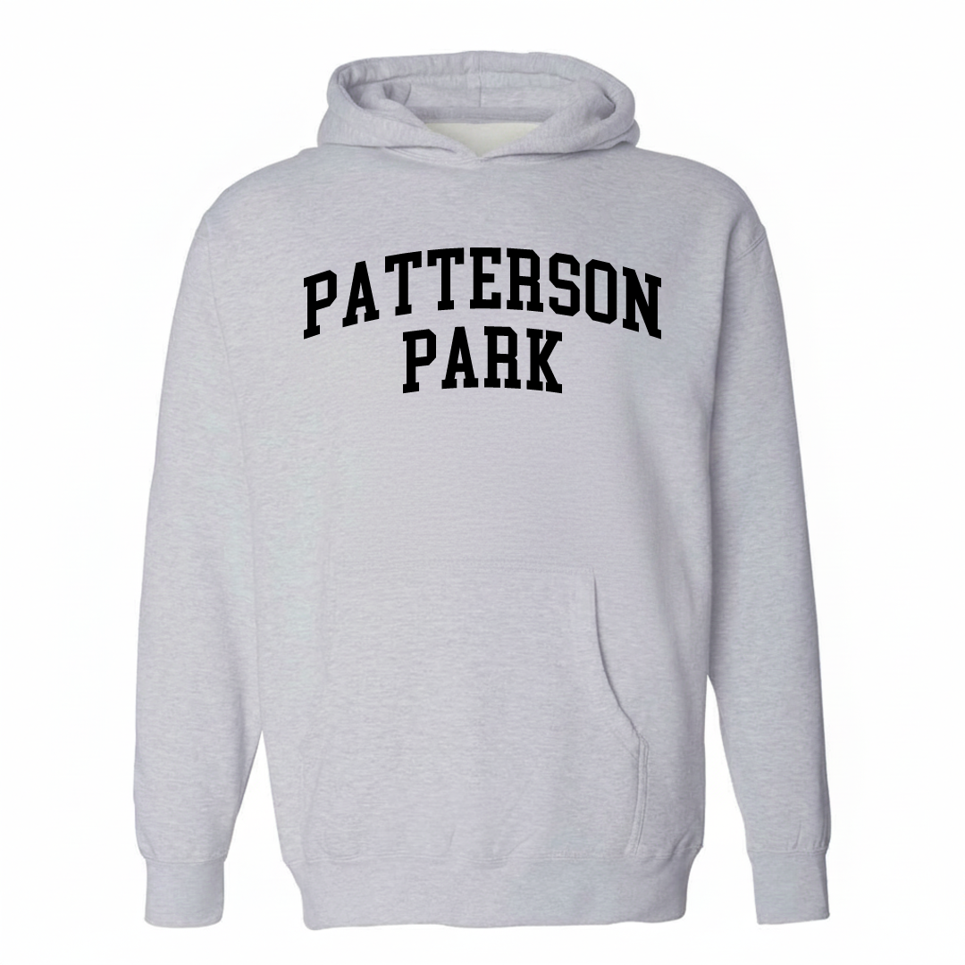 Heather-gray hoodie with the Patterson Park arched varsity lettering design on the chest.