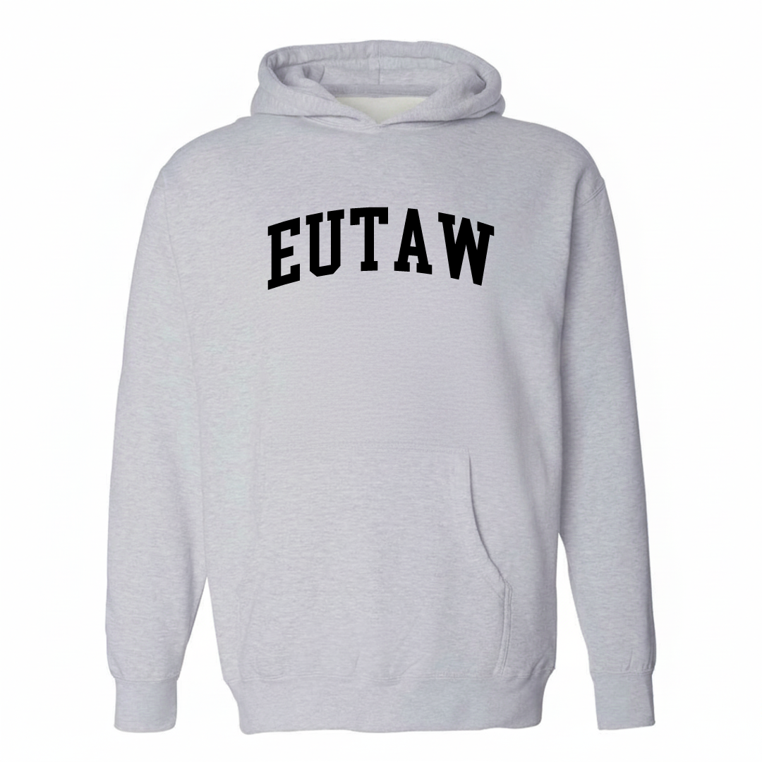Heather-gray hoodie with the Eutaw varsity arched lettering design on the chest.