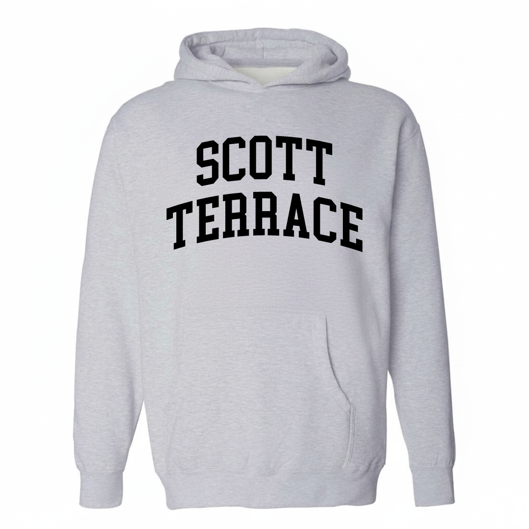 Heather-gray hoodie with the Scott Terrace arched lettering design on the chest.