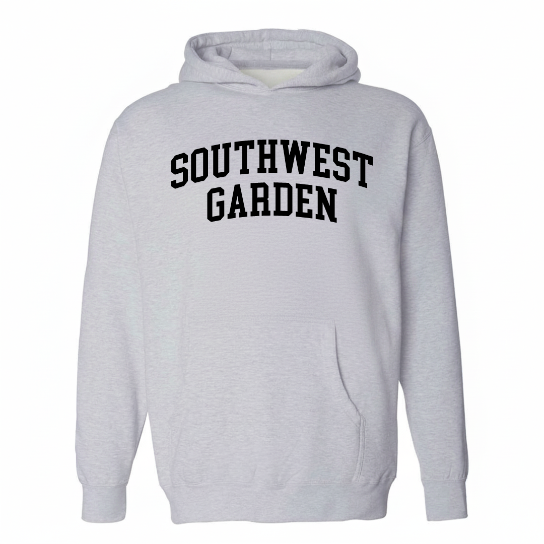 Heather-gray hoodie with the Southwest Garden arched varsity lettering design on the chest.