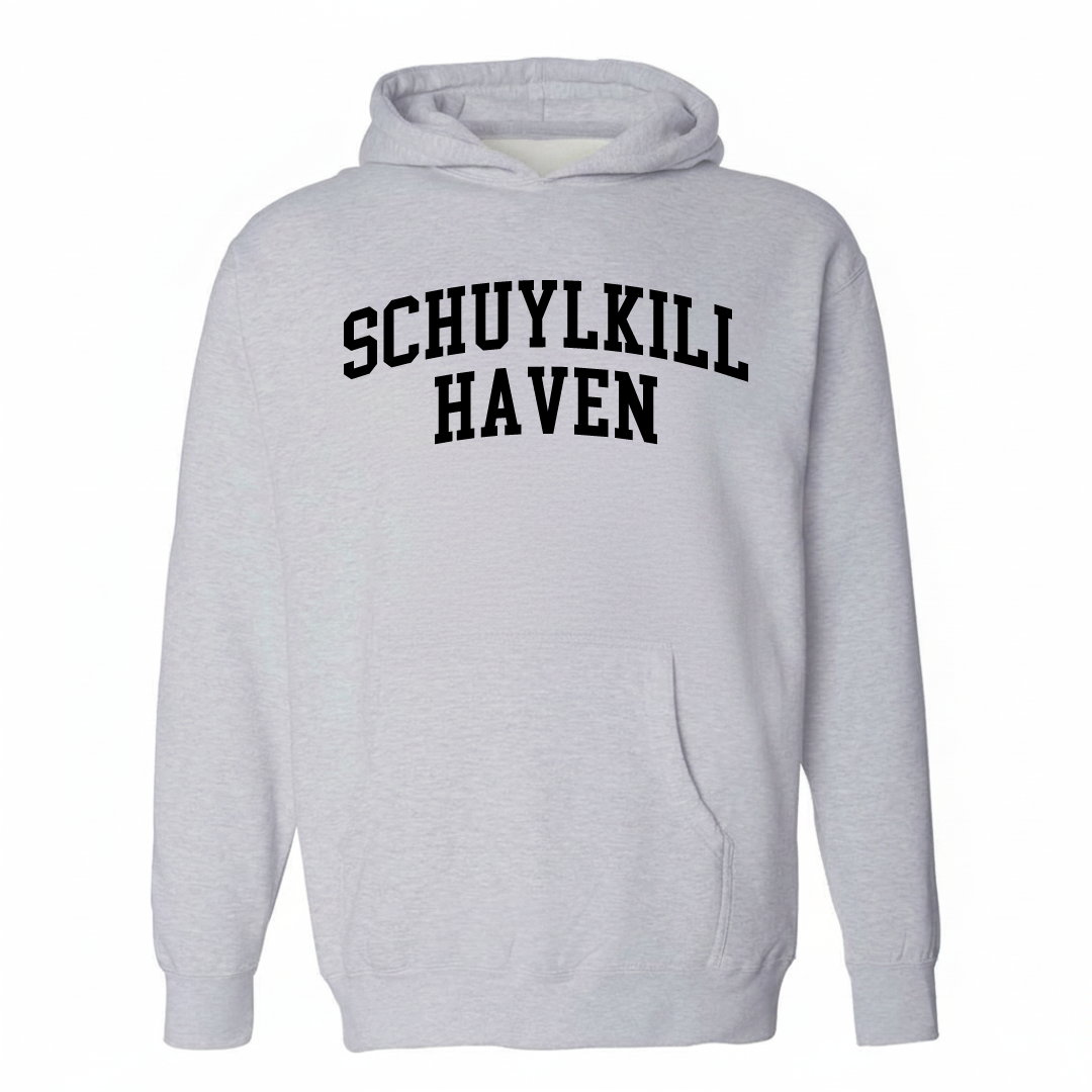 Heather-gray hoodie with the Schuylkill Haven varsity arched lettering design on the chest.